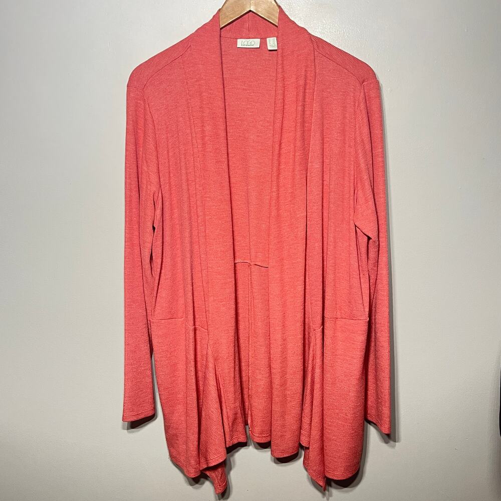 Logo Lori Goldstein Cardigan Open Front Coral Ribbed Knit Pocket Spring 1X